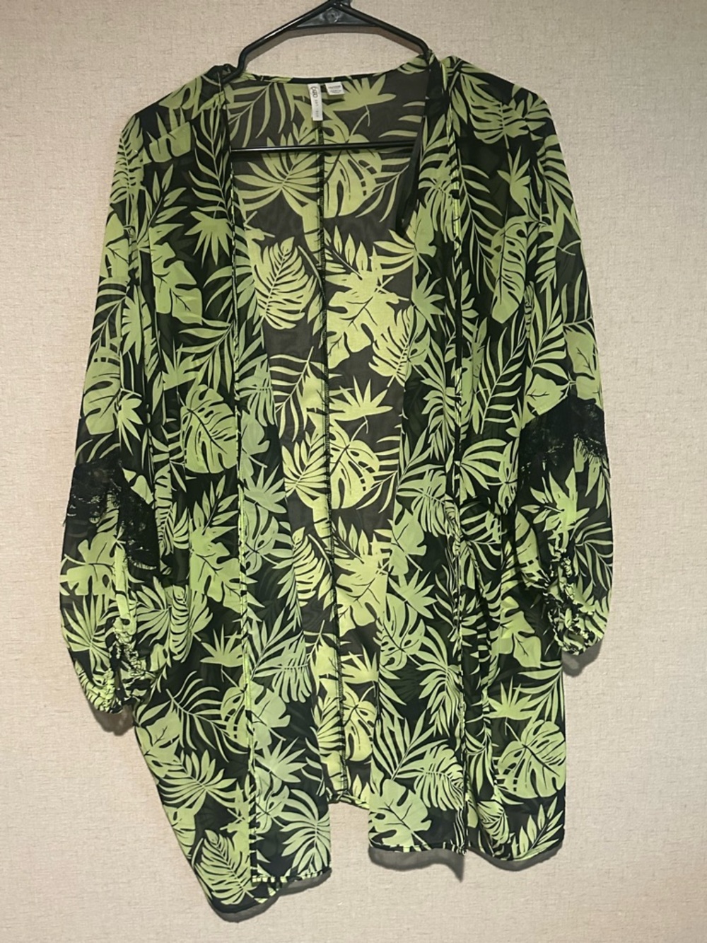 Cato 14/16W Green Leaf Print Sheer Kimono Cardigan Beach Swim
